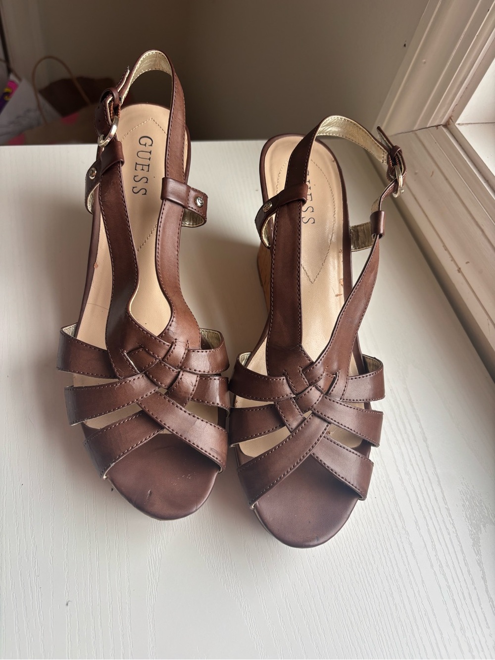 GUESS Brown Leather Woven T-Strap Sandals